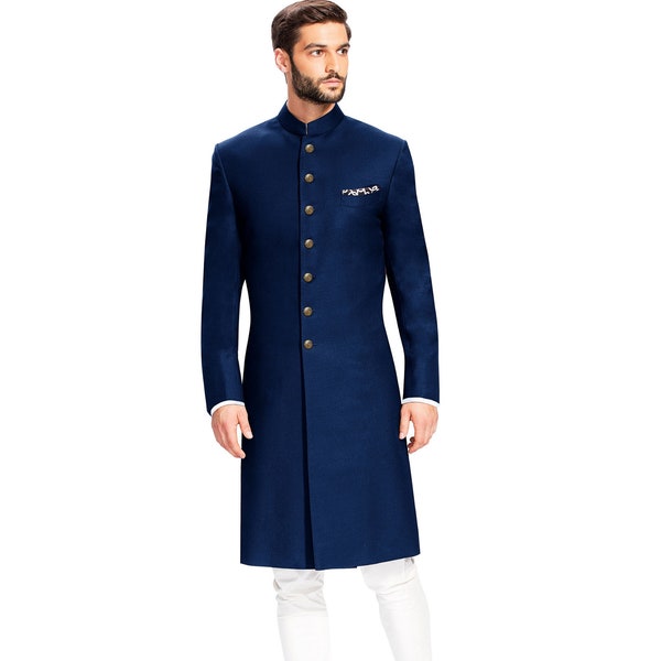Shewani de boda de lana para hombres hecho a medida, achkan real, sherwani indooccidental azul, traje de boda indio, sherwani de novio para hombres, ropa india