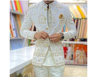 Men's Ivory Wool Jodhpuri Suit: Lucknowi Chikankari Wedding Bandhgala