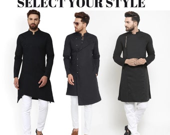 Pigiama Kurta Indiano Uomo In Cotone Satinato - Vestibilità Regolare, Colletto Alla Coreana, Taglie M-XXL