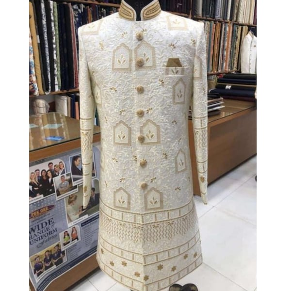 Custom Lucknowi Chikankari Sherwani Suit: Ivory Wool Indian Wedding Bandhgala