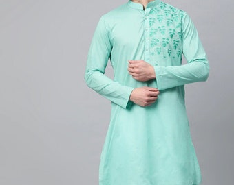 Conjunto de pijama kurta bordado floral personalizado: algodão verde-marinho, moda masculina indiana