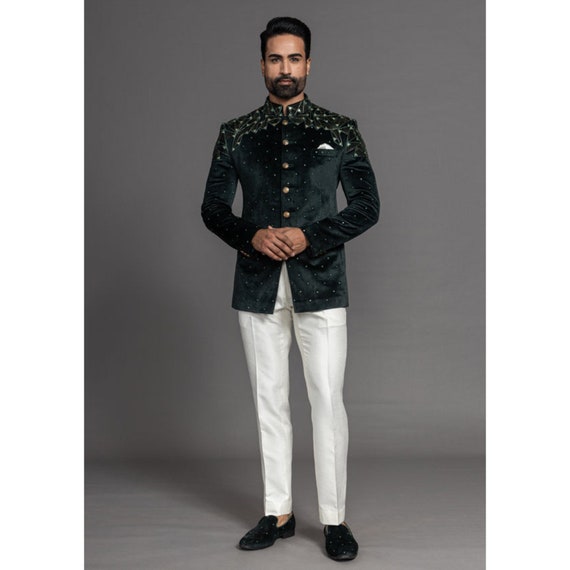 Aesthetic Battle Green Four Pocket Jodhpuri Bandhgala Jacket with Stri –  Desioz