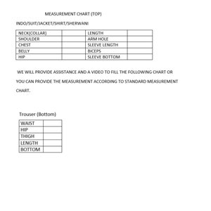 May include: A measurement chart for Indo-Western clothing, including neck, shoulder, chest, belly, hip, length, arm hole, sleeve length, biceps, and sleeve bottom. The chart also includes measurements for trousers, including waist, hip, thigh, length, and bottom.