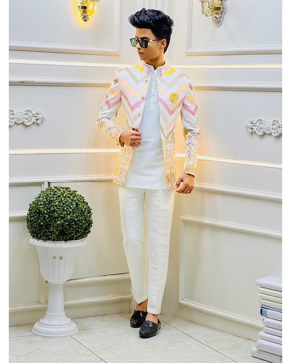 Latest Designer Off White Jodhpuri Suit for Men Chickankari Bandhgala for Wedding Mandarin Collar Suit for Indian Groomsmen