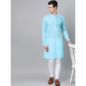 Custom made floral embroidery kurta pajama set , sky blue men kurta pajama , eid  men wear  ,  indian shirt for men , pakistani kurta pajama