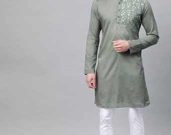 Conjunto de pijama kurta bordado com flores: traje de casamento indiano verde