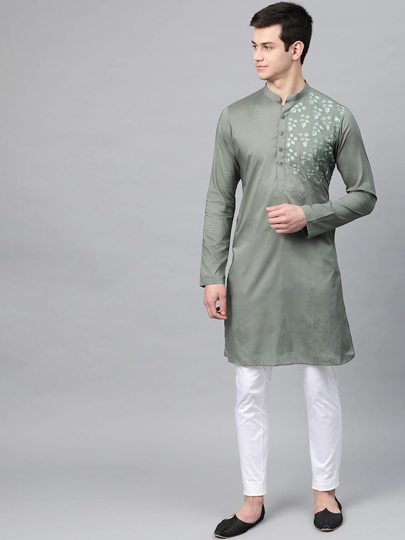 Custom Made Floral Embroidery Kurta Pajama Set Green Men Kurta