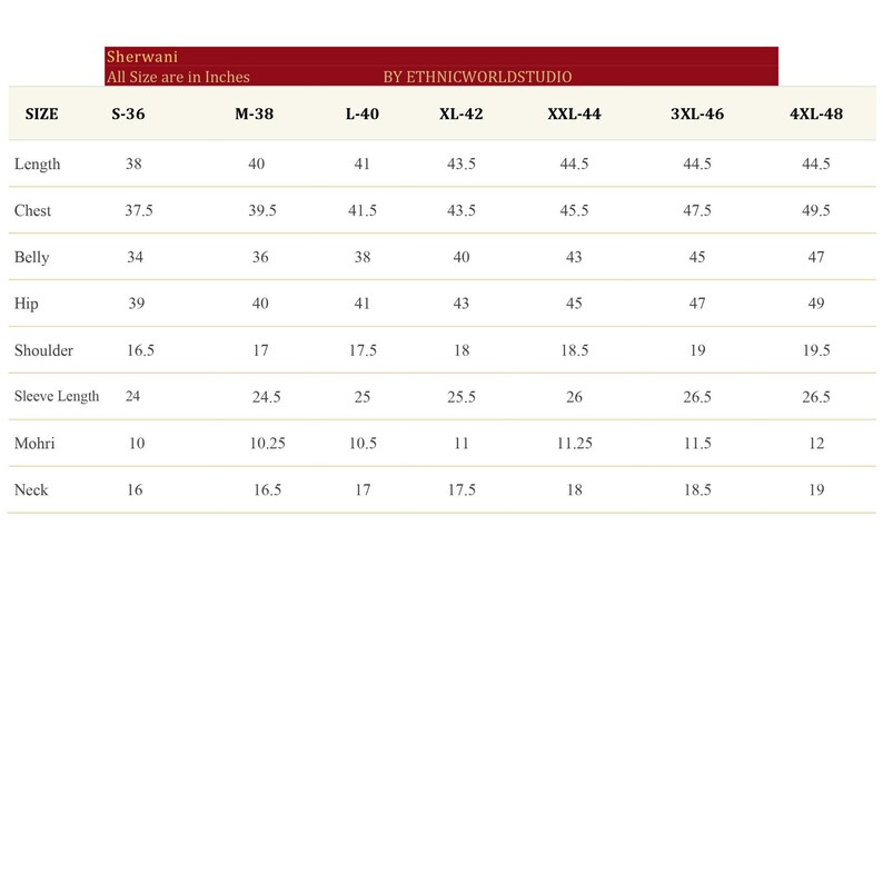May include: Size chart for a sherwani, a traditional Indian men's garment, with measurements in inches for sizes S-36 to 4XL-48. Measurements include length, chest, belly, hip, shoulder, sleeve length, mohri, and neck.