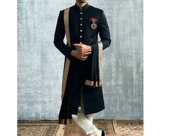 Navy Blue Indowestern Sherwani Suit: Elegant Groomsmen Indian Wedding Wear