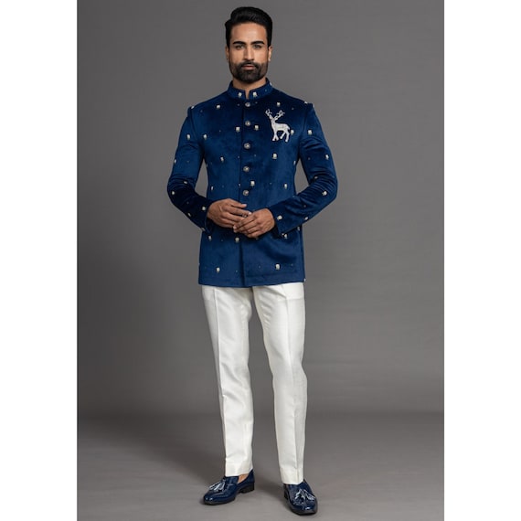 Navy Blue Sweade Wedding Jodhpuri Suit Bandhgala – Ethnic World