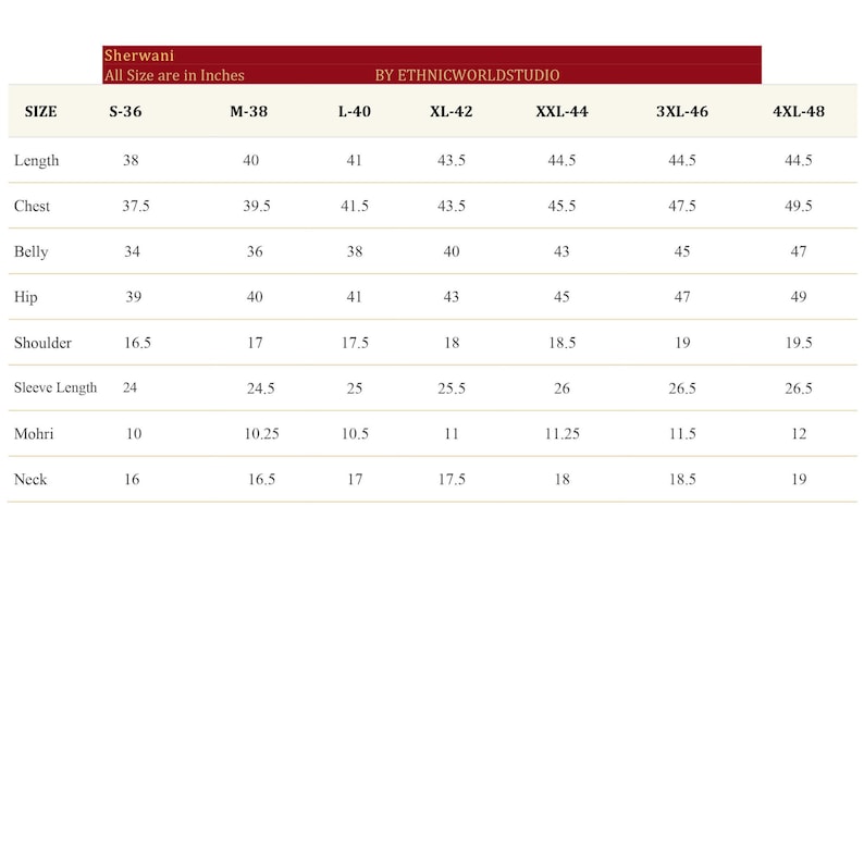 May include: Size chart for a sherwani, a traditional Indian garment, with measurements in inches for different sizes, including S-36, M-38, L-40, XL-42, XXL-44, 3XL-46, and 4XL-48. The chart includes measurements for length, chest, belly, hip, shoulder, sleeve length, mohri, and neck.