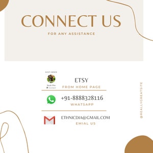 May include: A white and gold graphic with the text "CONNECT US" and "FOR ANY ASSISTANCE". Below the text is a shop owner's contact information, including their Etsy shop, WhatsApp number, and email address.