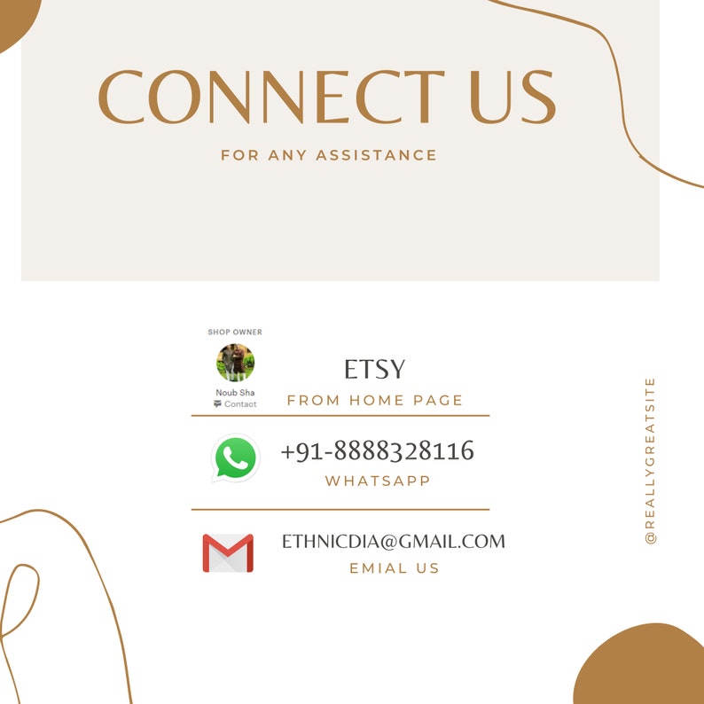 May include: A white and gold graphic with the text "CONNECT US" and "FOR ANY ASSISTANCE". Below the text is a shop owner's contact information, including their Etsy shop, WhatsApp number, and email address.