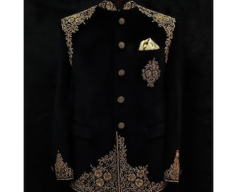 Custom Velvet Jodhpuri Suit: Hand Embroidered Indian Wedding Sherwani