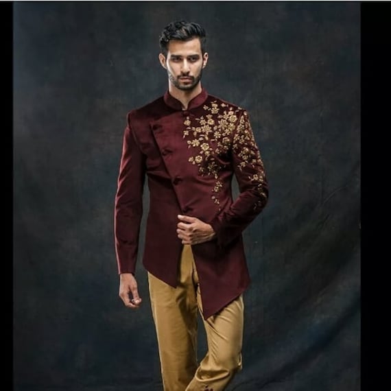 Burgundy Jodhpuri Suit: Men's Zardosi Embroidery Indian Wedding Sherwani
