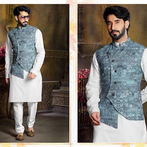 Blue kurta jacket set , indian men wedding wear , kurta pajama set , men kurta nehru jacket