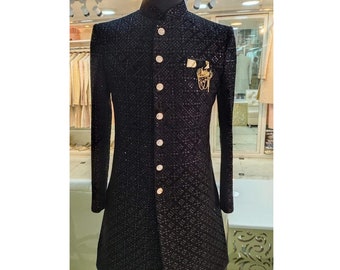 Designer Men Black Sherwani For Wedding, Latest Black Indo Western Sherwani For Indian Groomsmen, Sequins Embroidered Sherwani For Groom