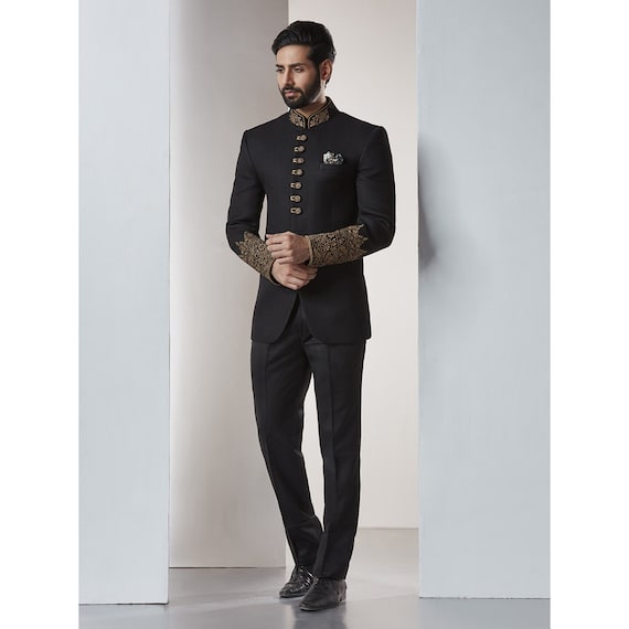 Designer Embroidered Navy Blue Jodhpuri Suit