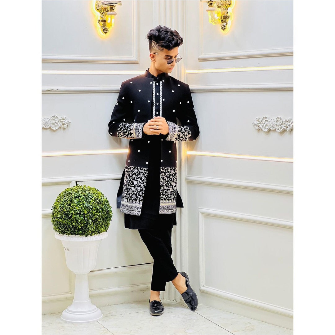 Wedding Kurta Pajama Indo Western Style Beige Jacquard Indo