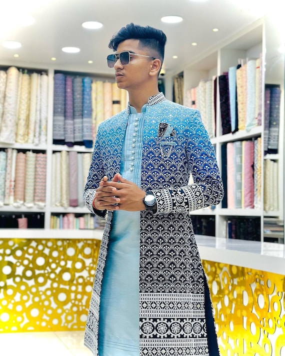 Men Embroidered Blue Indo Western Sherwani With Kurta Pajama Set Royal Open Sherwani for Wedding Ethnic Blue Sherwani for Indian Wear Etsy Canada