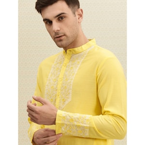 Hombres eid hechos a medida bordado kurta pijama set, 100% algodón amarillo kurta para los hombres, hombres tradicional desgaste, camisa india para los hombres