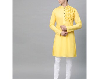 Floral Embroidery Kurta Pajama Set: Yellow Cotton Indian Menswear