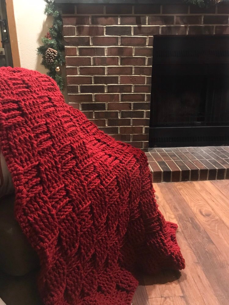 Fireplace Throw, Red Basketweave Blanket, Chunky Crochet Blanket