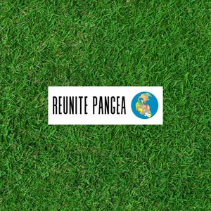 Op de afbeelding: Een witte banner met de tekst "REUNITE PANGEA" in zwarte letters. Rechts van de banner is een blauwe wereldbol met een wereldkaart te zien. De banner bevindt zich op een groene gras achtergrond.