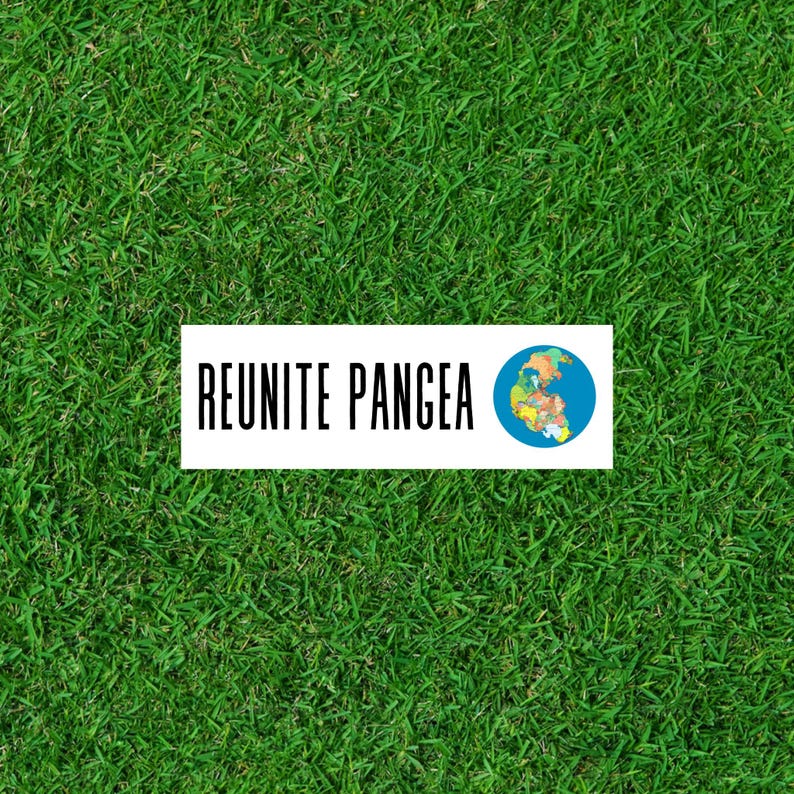 Op de afbeelding: Een witte banner met de tekst "REUNITE PANGEA" in zwarte letters. Rechts van de banner is een blauwe wereldbol met een wereldkaart te zien. De banner bevindt zich op een groene gras achtergrond.