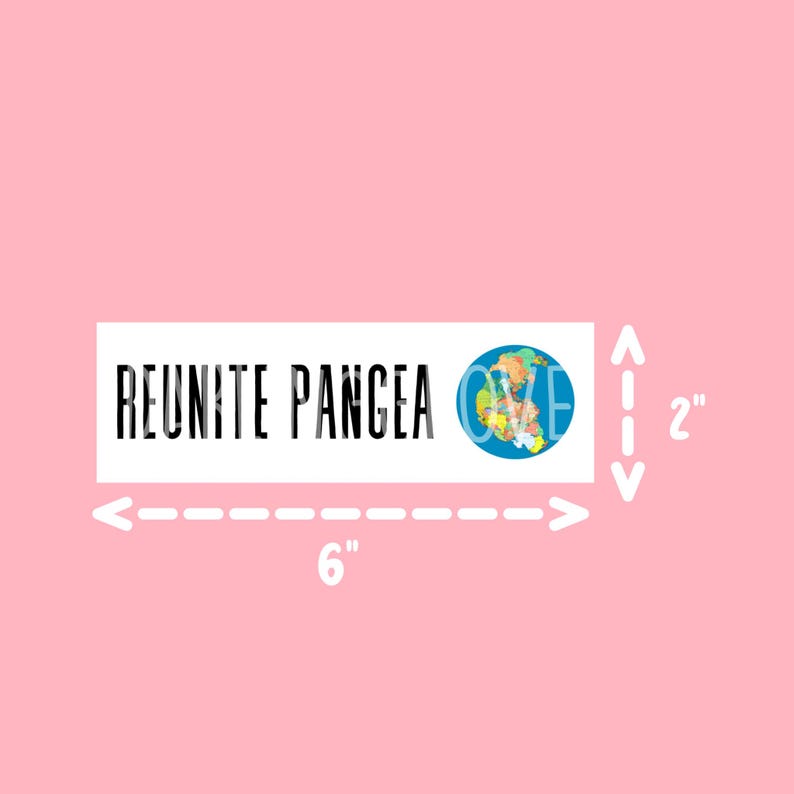 Op de afbeelding: Witte sticker met de tekst "REUNITE PANGEA" en een afbeelding van een wereldbol. De sticker is 15,24 cm breed en 5,08 cm hoog.