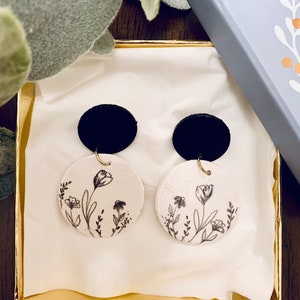Black and White floral drop earrings