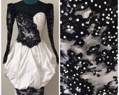 Vintage Peplum Dress Black White Heavy Embellished Bedazzled Lace Crystals Pearls Taffeta Bubble Skirt 80 39 s Mesh Sweetheart