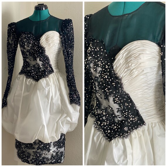 Vintage Peplum Dress// Black// White// Heavy Embellished//Bedazzled//Lace//Crystals// Pearls//Taffeta//Bubble Skirt//80's//Mesh//Sweetheart/