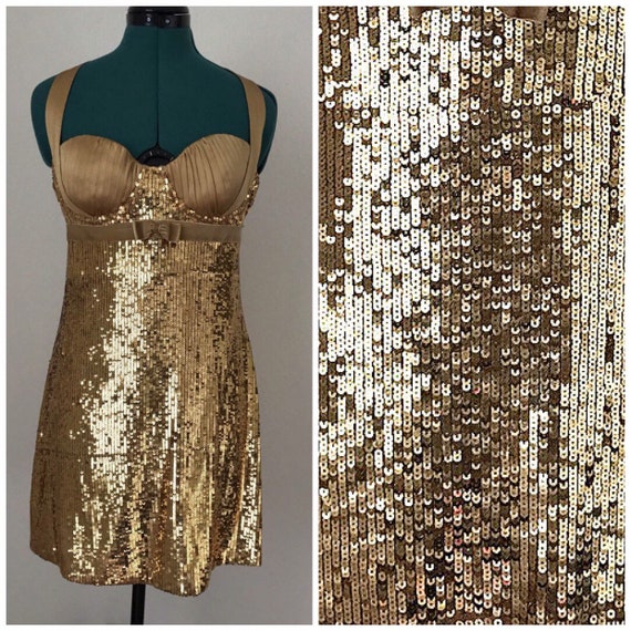 Vintage Marciano//Iridescent Sequin Dress// Gold//