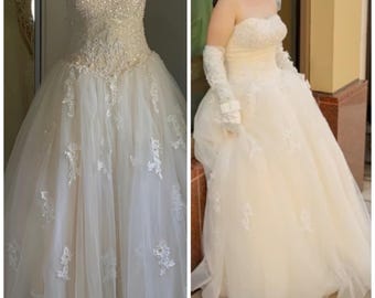 MARY’S//Wedding Dress//Evening//Formal//Prom//Quinceanera//Ivory//Satin//Pearls//Lace//Tulle//Royal//Princess// Sleeveless//Cinderella//