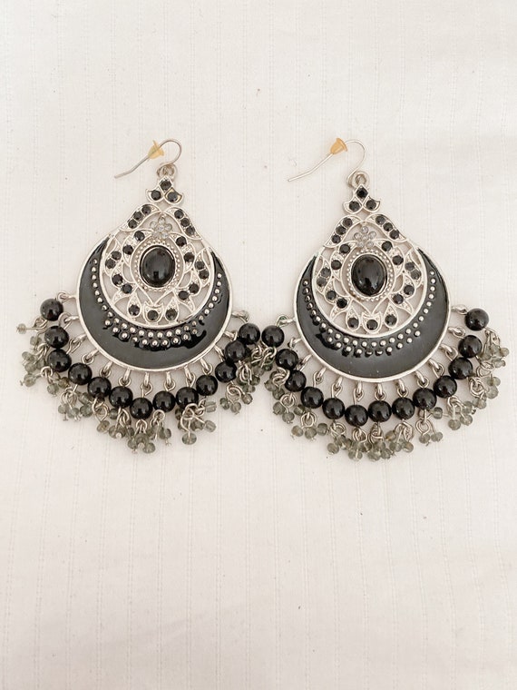 Bohemian BLACK and Gray Vintage Chandelier Earrin… - image 3