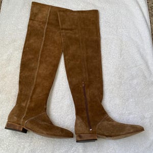 Pu&ograve; includere: Un paio di stivali al ginocchio in pelle scamosciata marrone con tacco piatto. Gli stivali hanno una cerniera laterale e una cucitura sul retro. Gli stivali sono su una superficie bianca.
