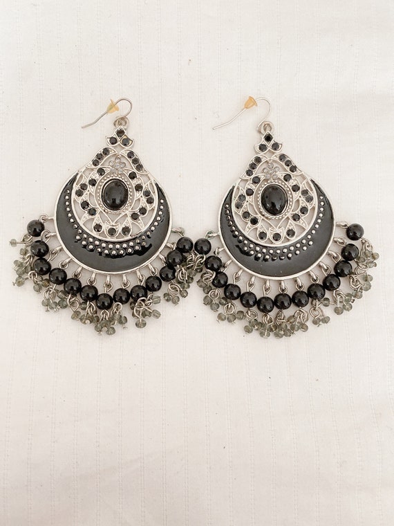 Bohemian BLACK and Gray Vintage Chandelier Earrin… - image 5