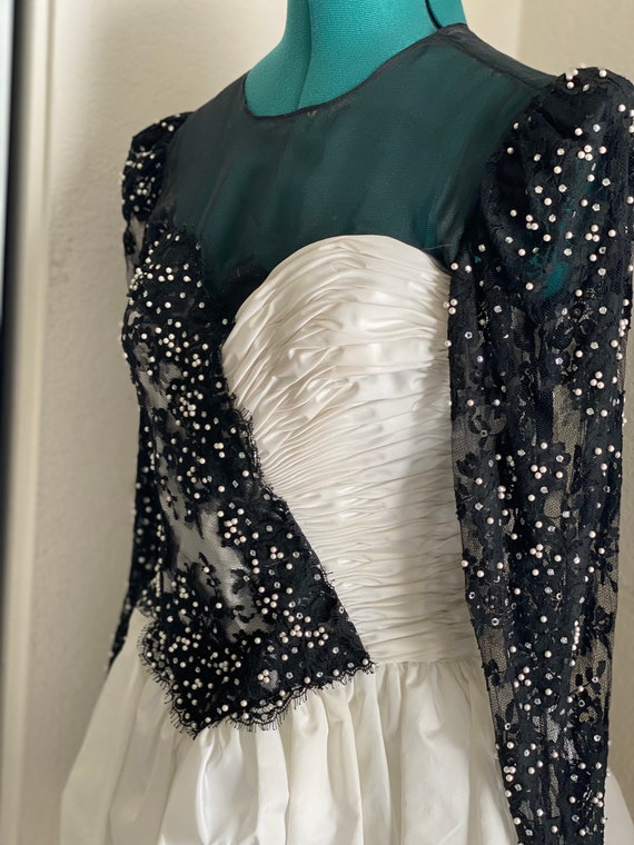 Vintage Peplum Dress// Black// White// Heavy Embellished//Bedazzled//Lace//Crystals// Pearls//Taffeta//Bubble Skirt//80's//Mesh//Sweetheart/