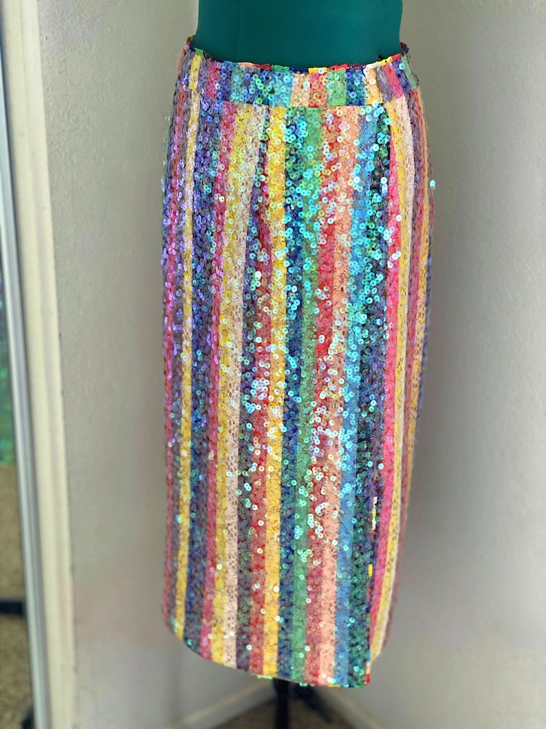 RAINBOW//Striped Pencil Anthropologie Colorful Skirt//Multi-Colored//Boho//Hippie//Open Slit//Midi//High Waist// image 5