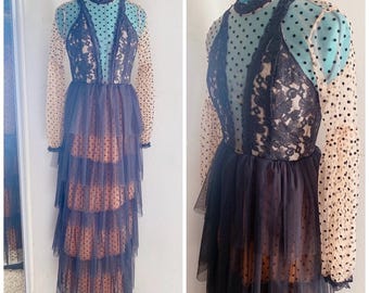 GOTHIC Victorian style// Vintage Black and Orange Tiered Maxi Dress// Mesh//Polka-Dot//Halloween//Fall//Boho//Hippie//