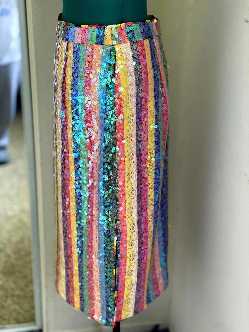 RAINBOW//Striped Pencil Anthropologie Colorful Skirt//Multi-Colored//Boho//Hippie//Open Slit//Midi//High Waist// image 4