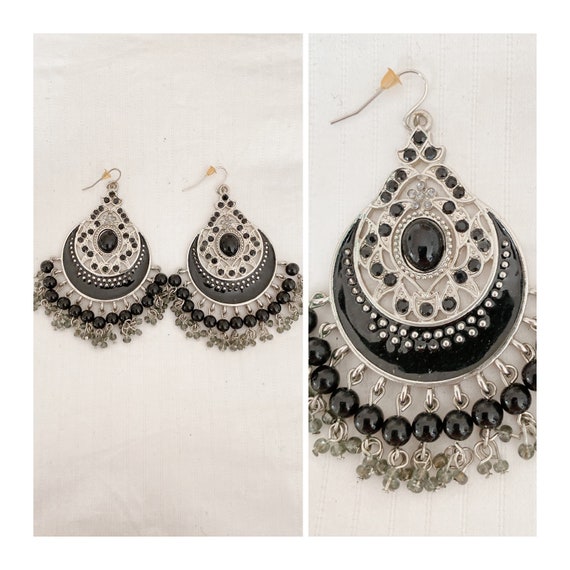 Bohemian BLACK and Gray Vintage Chandelier Earrin… - image 1