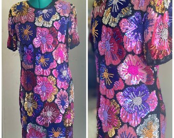 OUTRAGEOUS Gold Star// Floral Flower Petal Sequin Beaded Dress//Gold// Pink//Purple//Rainbow Gown//Colorful Minidress//Art Deco//M