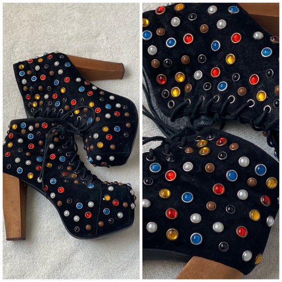 Colorful Jeffrey Campbell//Rhinestone//Handmade Havana//Booties//Boots//Multi-colored//Gemstones//Velvet//Velour// Shoes//Art Deco