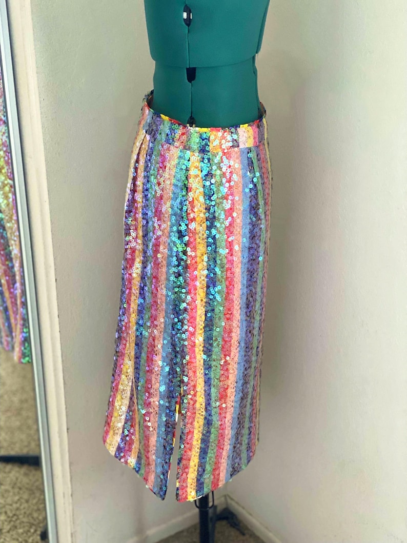 RAINBOW//Striped Pencil Anthropologie Colorful Skirt//Multi-Colored//Boho//Hippie//Open Slit//Midi//High Waist// image 6