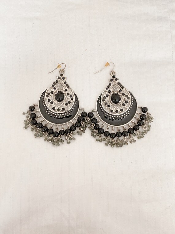 Bohemian BLACK and Gray Vintage Chandelier Earrin… - image 2