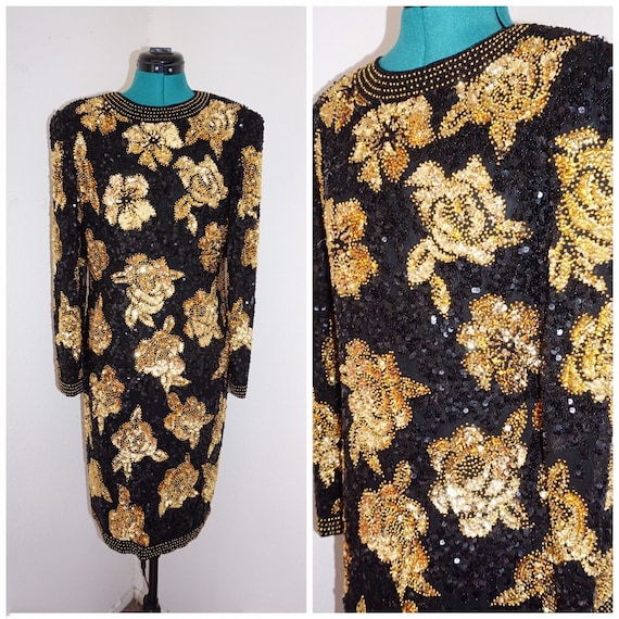 black gold studded dress Joan Leslie Evenings// Black// Gold// Pearl Sequin Dress// Flower Shaped// Large Florals//heavy Silk Gown// Bride//gatsby Party// mulberry