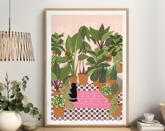 Personalised Black Cat & Houseplant Illustration Print – Cat Lover Gift UK – A4 / A3 Wall Art