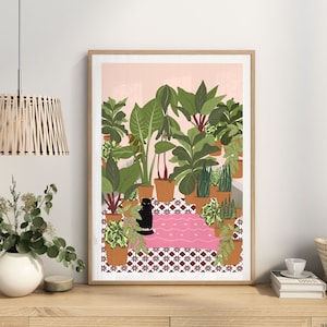 Personalised plant illustration with black cat, for cat lover, gift for her or him, special offer, a4 A3 image 1